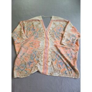 Rose + Olive Kimono Top Womens Large Orange Blue Paisley V-Neck Dolman Blouse